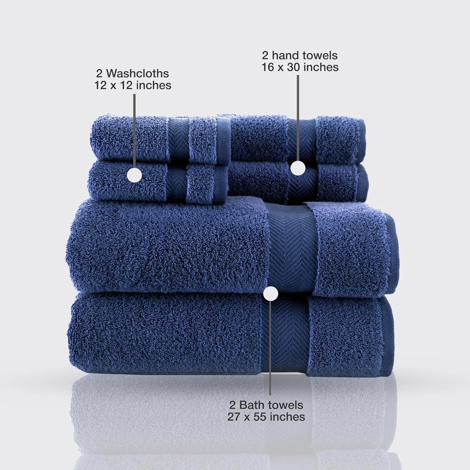Classic Turkish Towels CTT - Luxury 6 Piece Towel Set, 100% Turkish Cotton, Quick Drying, Highly Absorbent & Comfy, Includes 2 Bath Towels, 2 Hand Towels & 2 Washcloths | (Navy)