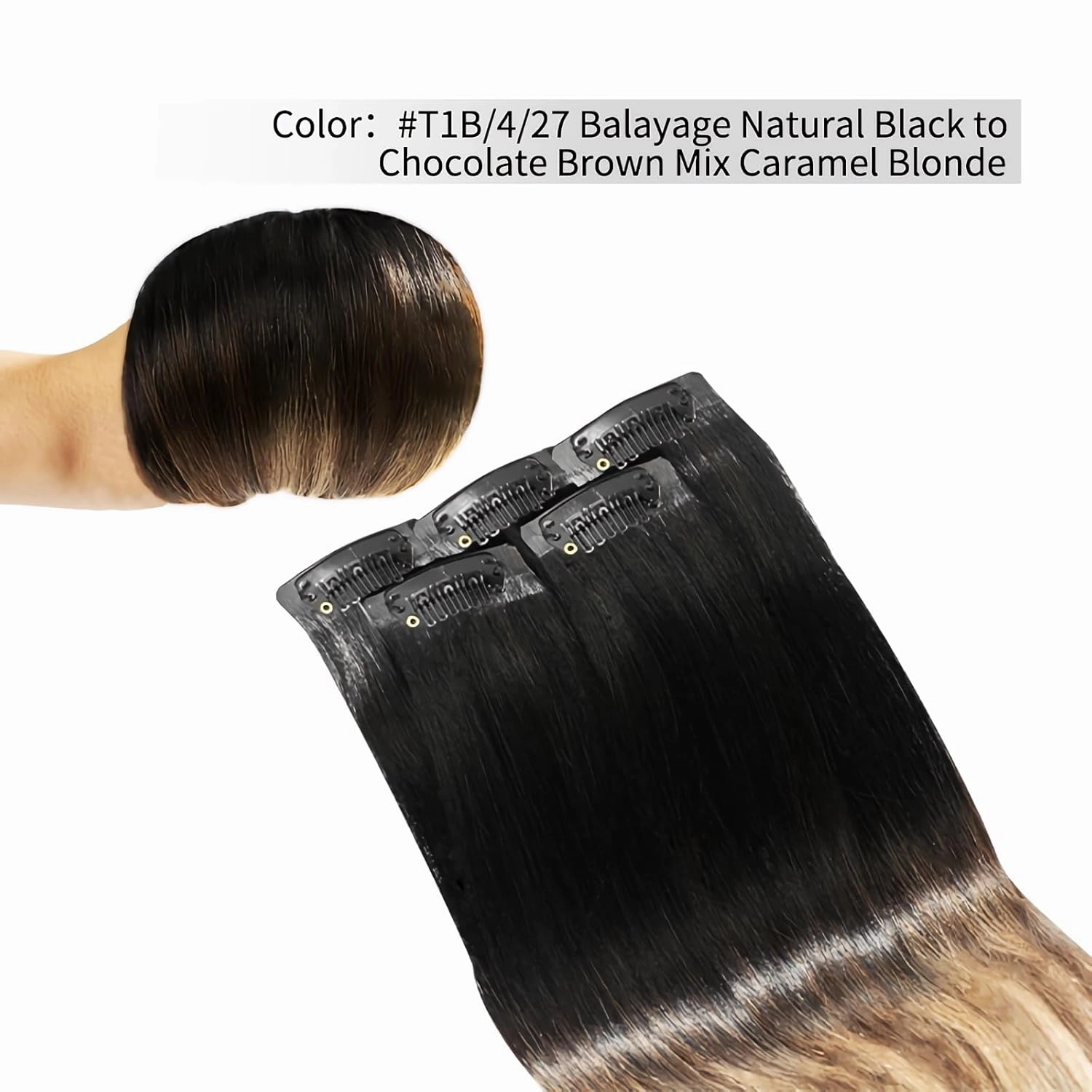 clip in hair extensions Balayage Natural Black to Chocolate Brown Mix Caramel Blonde clip in human hair 14 Inch 30g 5pcs Invisible Hair piece for Women