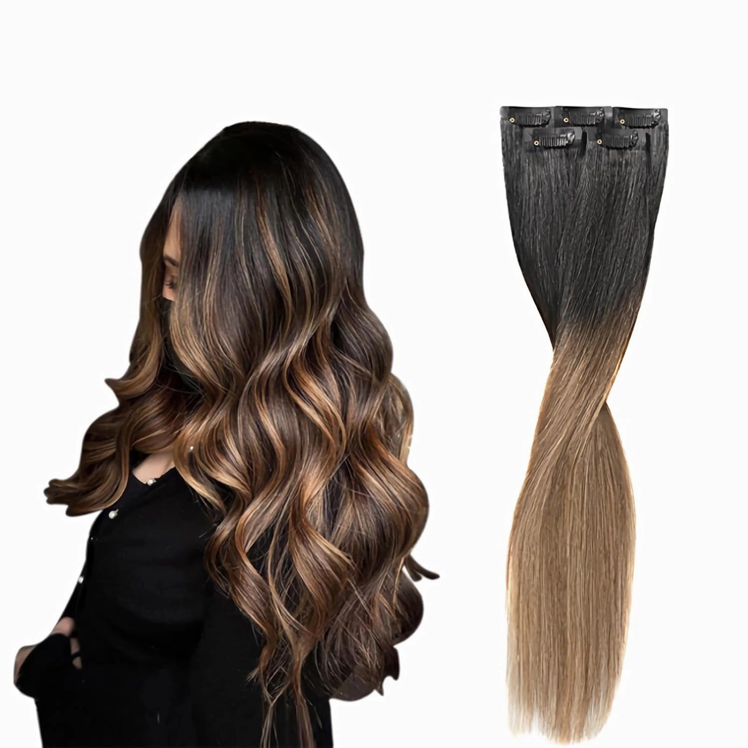 clip in hair extensions Balayage Natural Black to Chocolate Brown Mix Caramel Blonde clip in human hair 14 Inch 30g 5pcs Invisible Hair piece for Women