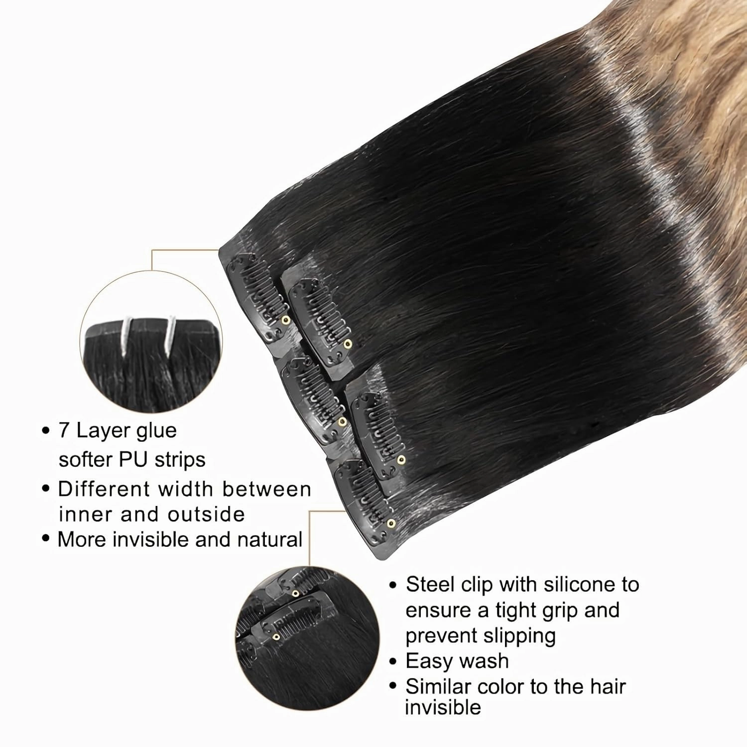 clip in hair extensions Balayage Natural Black to Chocolate Brown Mix Caramel Blonde clip in human hair 14 Inch 30g 5pcs Invisible Hair piece for Women
