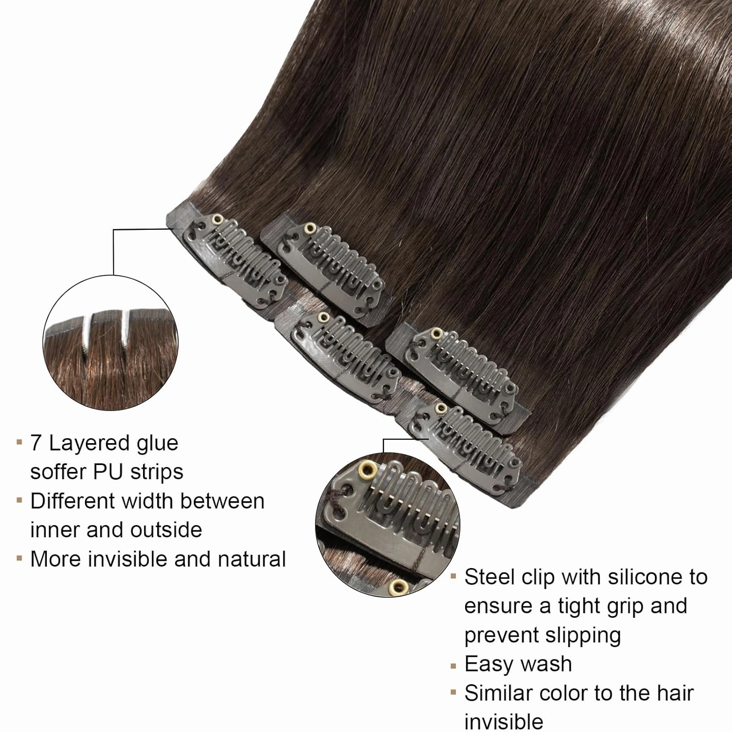 Clip in Hair Extensions Real Human Hair Chocolate Brown 16 Inch Hair piece for Women Invisible PU Skin Weft Natural Remy Hair Extensions Clip ins 30g 5pcs
