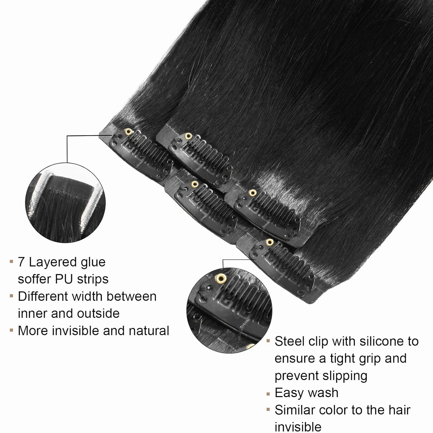 Clip in Hair Extensions Real Human Hair PU Skin Weft 100% real Human hair 30g 5pcs Jet black straight Long Hair for Women 14 inch