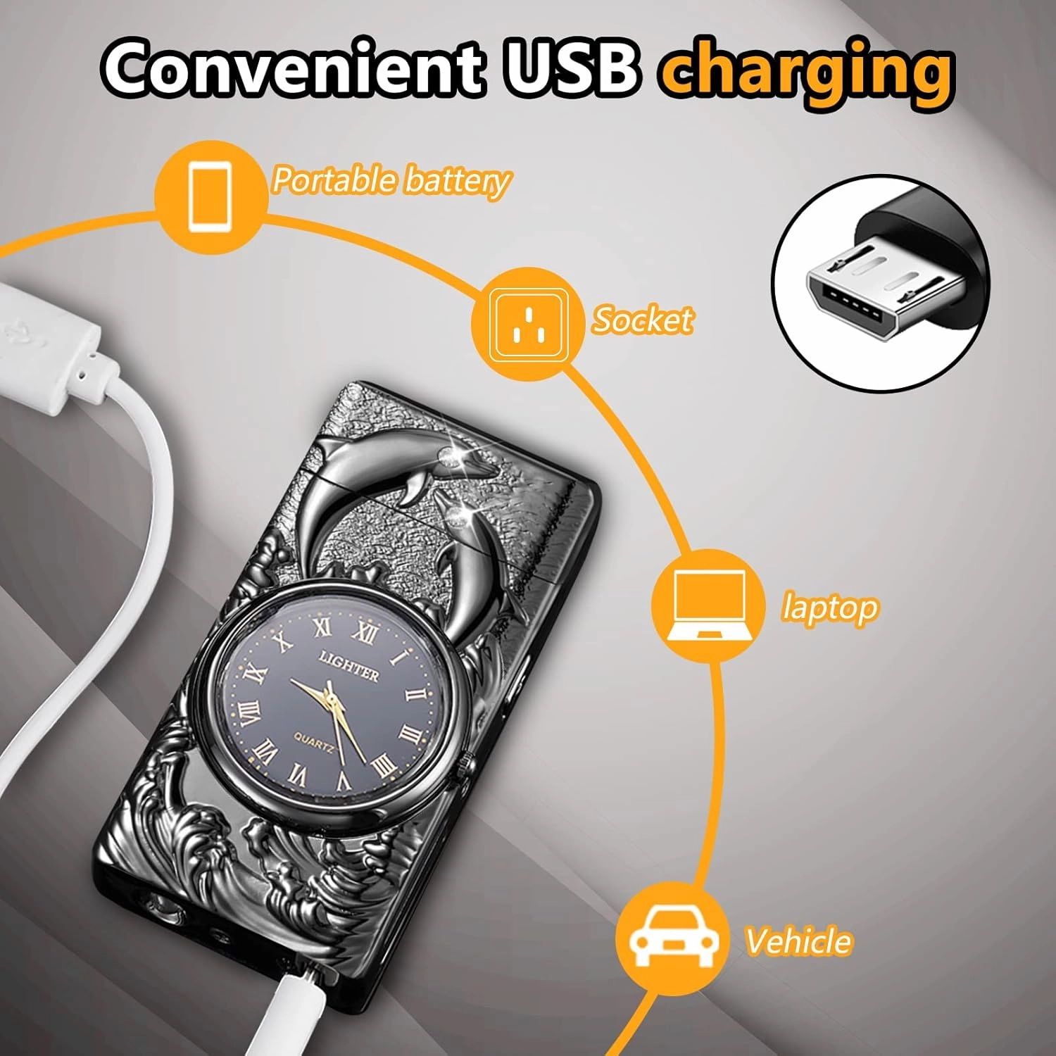 Clock Lighter,Dual Arc Plasma Lighter Electric Lighter USB Rechargeable With LED Battery Indication Unique Lighters With LED Flashlight for Candle, Incense Stick, Outdoor Camping (Dolphin Black)