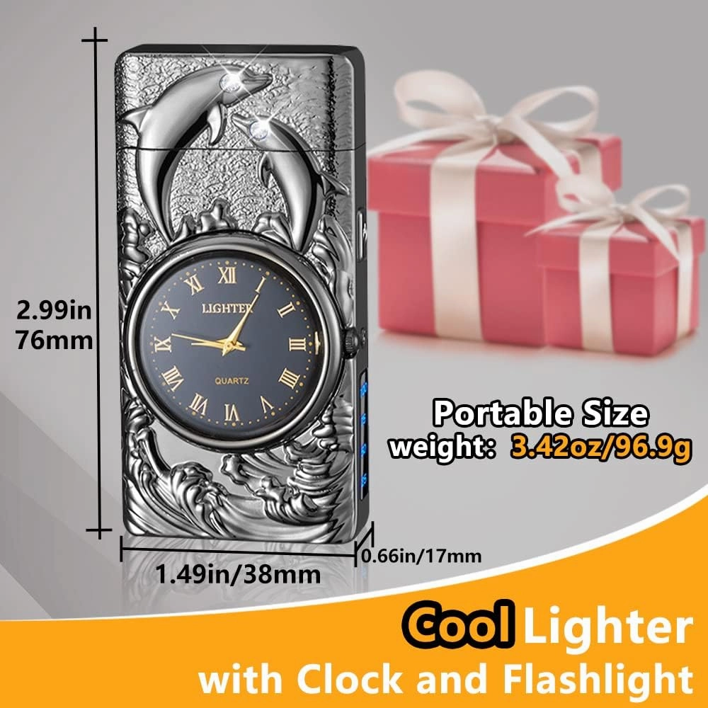 Clock Lighter,Dual Arc Plasma Lighter Electric Lighter USB Rechargeable With LED Battery Indication Unique Lighters With LED Flashlight for Candle, Incense Stick, Outdoor Camping (Dolphin Black)