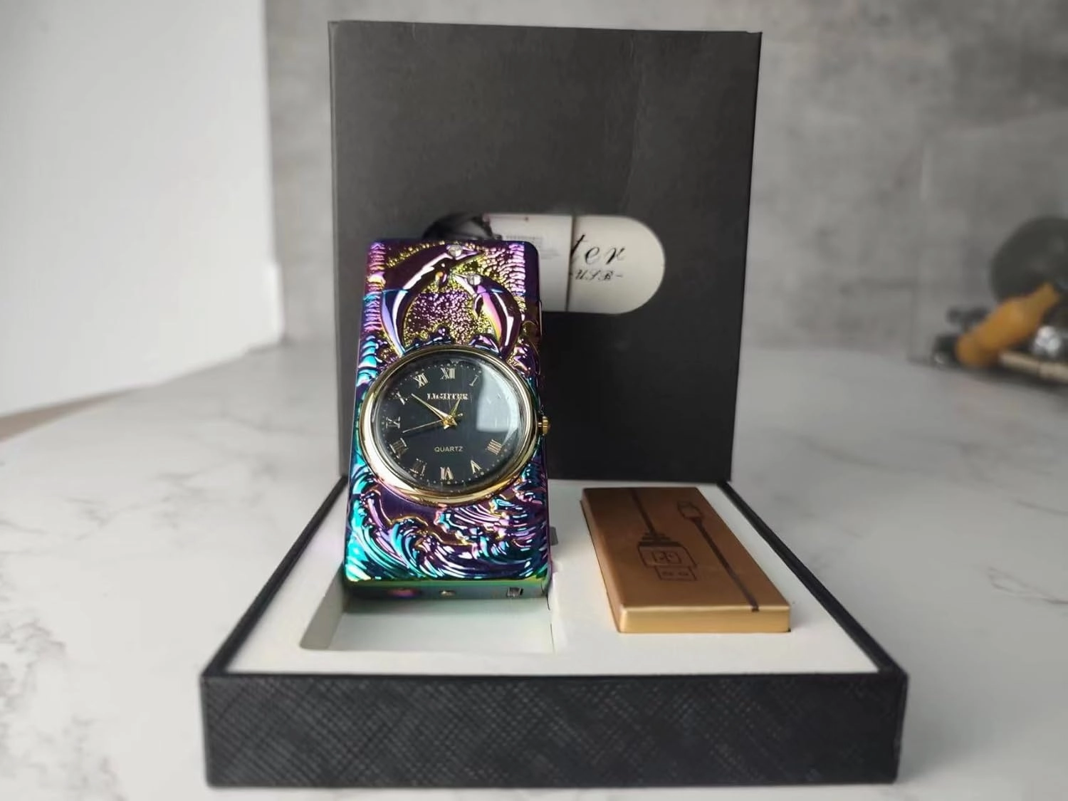 Clock Lighter,Dual Arc Plasma Lighter Electric Lighter USB Rechargeable With LED Battery Indication Unique Lighters With LED Flashlight for Candle, Incense Stick, Outdoor Camping (Dolphin Black)