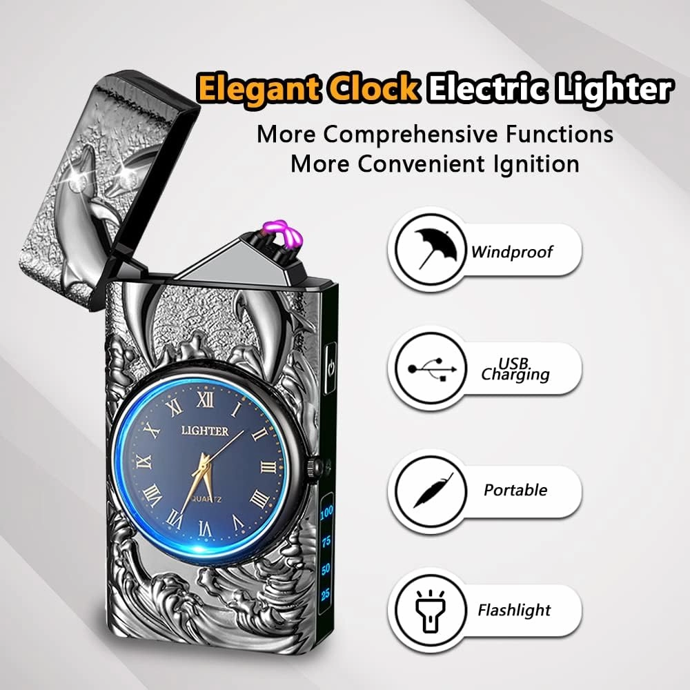 Clock Lighter,Dual Arc Plasma Lighter Electric Lighter USB Rechargeable With LED Battery Indication Unique Lighters With LED Flashlight for Candle, Incense Stick, Outdoor Camping (Dolphin Black)