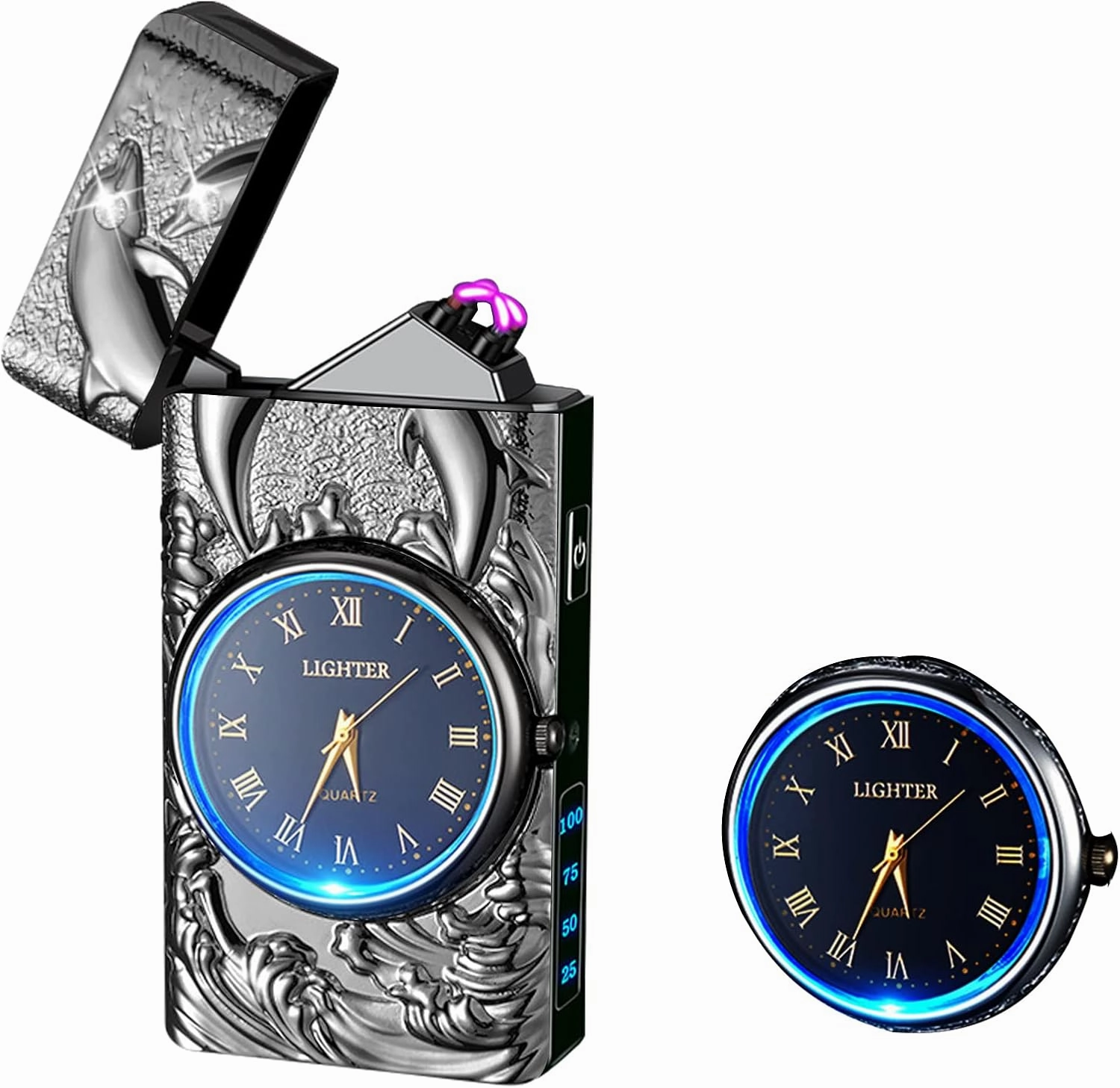 Clock Lighter,Dual Arc Plasma Lighter Electric Lighter USB Rechargeable With LED Battery Indication Unique Lighters With LED Flashlight for Candle, Incense Stick, Outdoor Camping (Dolphin Black)