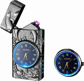 Clock Lighter,Dual Arc Plasma Lighter Electric Lighter USB Rechargeable With LED Battery Indication Unique Lighters With LED Flashlight for Candle, Incense Stick, Outdoor Camping (Dolphin Black)