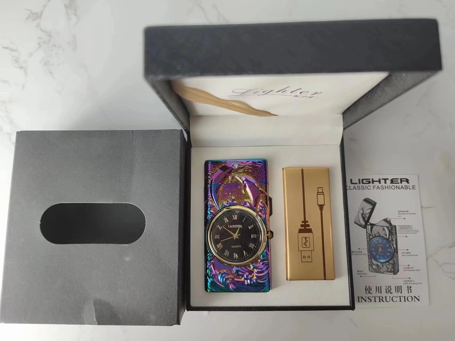 Clock Lighter,Dual Arc Plasma Lighter Electric Lighter USB Rechargeable With LED Battery Indication Unique Lighters With LED Flashlight for Candle, Incense Stick, Outdoor Camping (Dolphin Black)