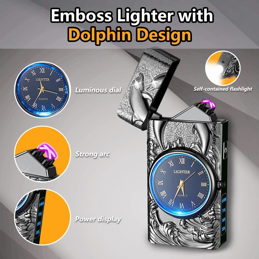 Clock Lighter,Dual Arc Plasma Lighter Electric Lighter USB Rechargeable With LED Battery Indication Unique Lighters With LED Flashlight for Candle, Incense Stick, Outdoor Camping (Dolphin Black)