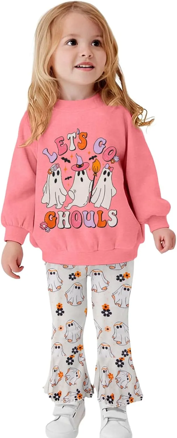 CM C&M WODRO Toddler Baby Girl Halloween Outfit Lets Go Ghouls Spooky Ghost Crewneck Sweatshirt Flared Pants Set Fall Clothes