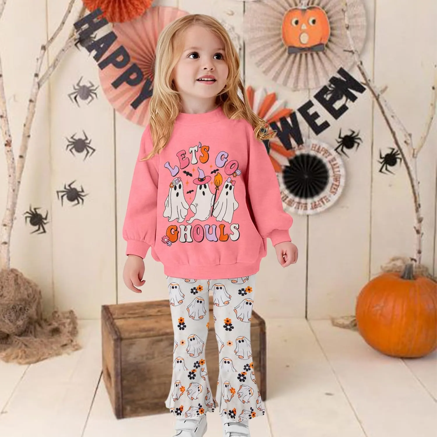 CM C&M WODRO Toddler Baby Girl Halloween Outfit Lets Go Ghouls Spooky Ghost Crewneck Sweatshirt Flared Pants Set Fall Clothes