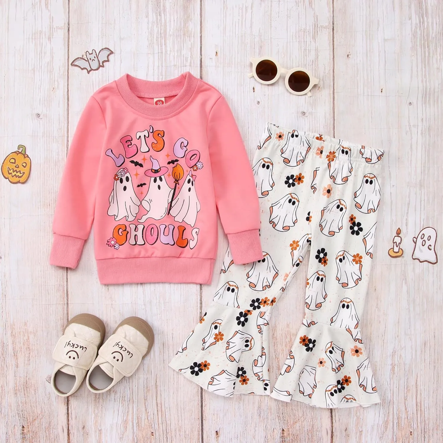 CM C&M WODRO Toddler Baby Girl Halloween Outfit Lets Go Ghouls Spooky Ghost Crewneck Sweatshirt Flared Pants Set Fall Clothes