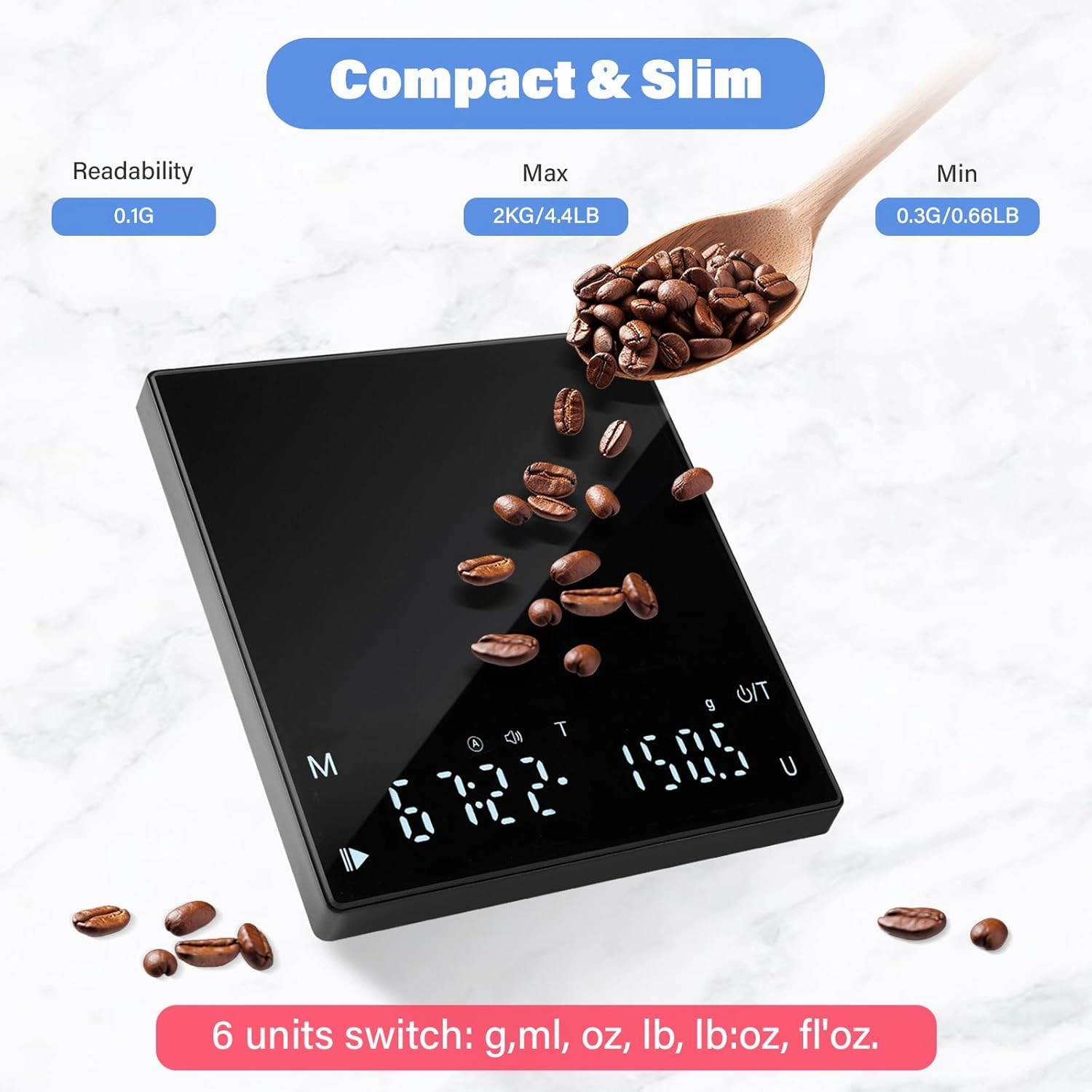 Coffee Scale with Timer, 2kg Capacity, 0.1g Precision, Timemore Scale Rechargeable, Mini Digital Espresso Scale with Tare Function, Black