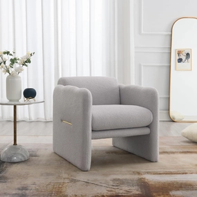 Comfortable Accent Arm Chair for Living Room & Bedroom, Modern Design with Waved Arms and Soft Teddy Fabric, Light Grey