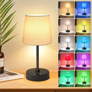 Cordless Table Lamp,5000mAh Rechargeable Battery Operated Desk Lamp,3Colors & 7 RGB Stepless Dimmable, Portable Small Touch Fabric Shade LED Night Light for Patio Restaurant Home(Cream)