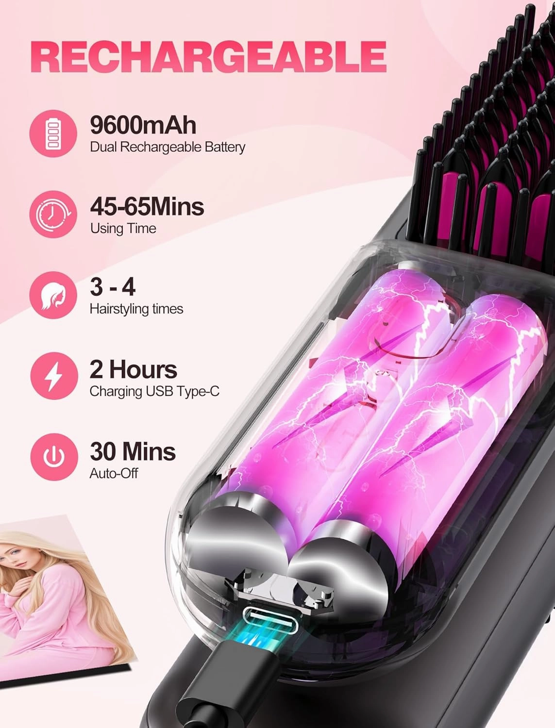 Cordless Hair Straightener Brush for Travel,Mini Hair Straightener Comb with Negative Ion,Portable hot Brush Hair Straightener for Women, Rechargeable 9600mAh Battery, Anti-Scald,12 Temp-Setting
