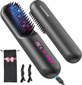 Cordless Hair Straightener Brush for Travel,Mini Hair Straightener Comb with Negative Ion,Portable hot Brush Hair Straightener for Women, Rechargeable 9600mAh Battery, Anti-Scald,12 Temp-Setting