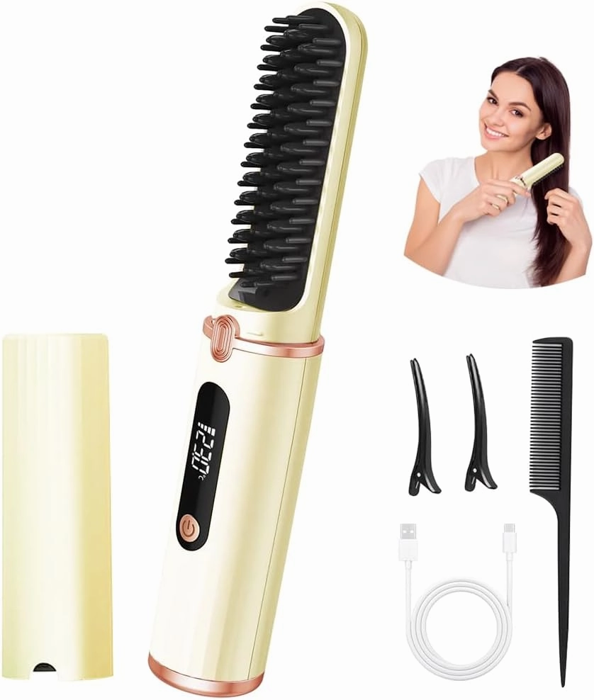 Cordless Hair Straightener Brush for Women - Negative Ion Hair Straightener Comb with LED Temperature Display & Fast Heating 30s, Anti-Scald Design, Auto Shut Off, Travel-Friendly
