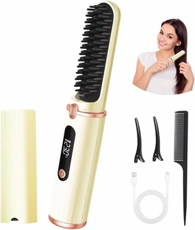 Cordless Hair Straightener Brush for Women - Negative Ion Hair Straightener Comb with LED Temperature Display & Fast Heating 30s, Anti-Scald Design, Auto Shut Off, Travel-Friendly