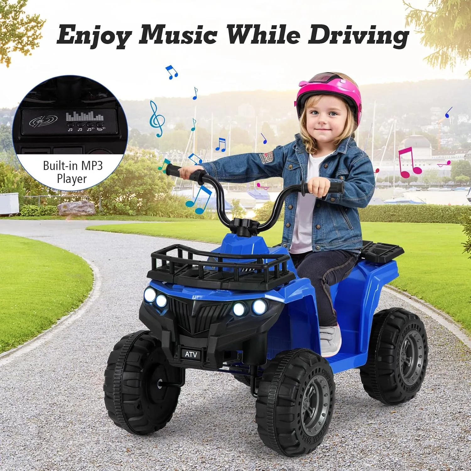 Costzon Kids ATV, 6V Battery Powered Electric Vehicle with Forward/Reverse, Storage Basket, Tread Tires, MP3 & LED Headlights, 4-Wheeler Ride On Toy Car for Boys & Girls 2-5 Years Old (Blue)