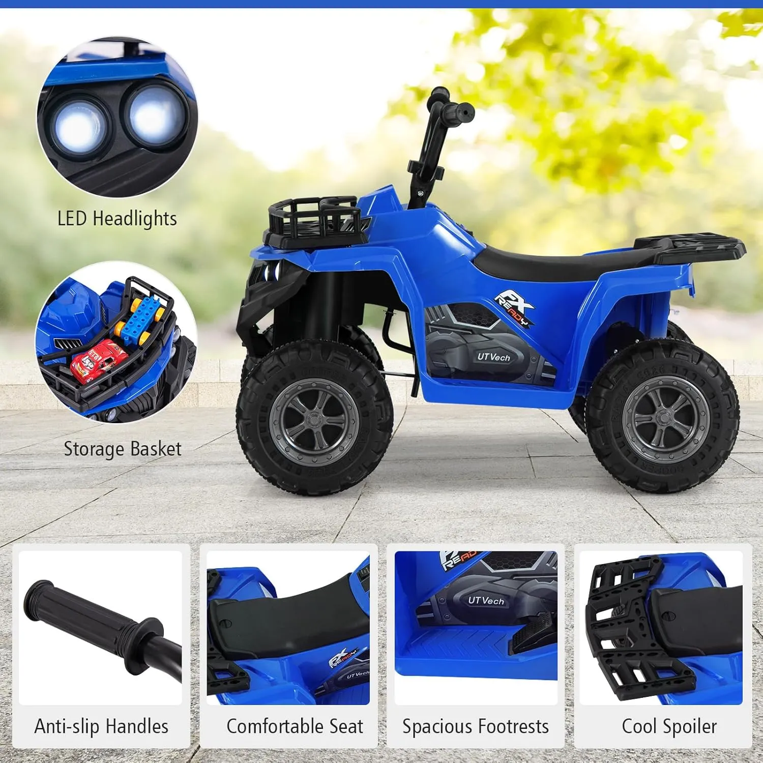 Costzon Kids ATV, 6V Battery Powered Electric Vehicle with Forward/Reverse, Storage Basket, Tread Tires, MP3 & LED Headlights, 4-Wheeler Ride On Toy Car for Boys & Girls 2-5 Years Old (Blue)