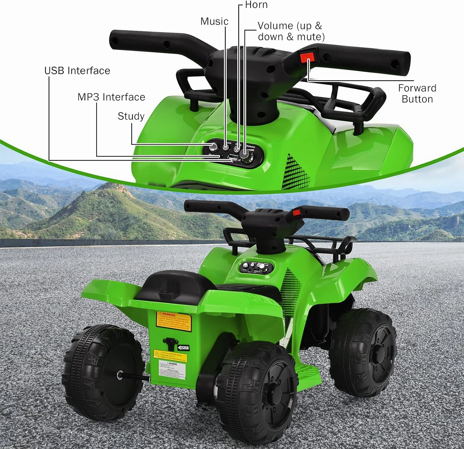 Costzon Kids ATV, 6V Battery Powered Electric Vehicle Four Wheeler Quad w/Storage Basket, Headlight, Horn, Music, MP3 & USB, Toddler 4 Wheeler Ride on Car Toy for Boys Girls 18-36 Months (Green)