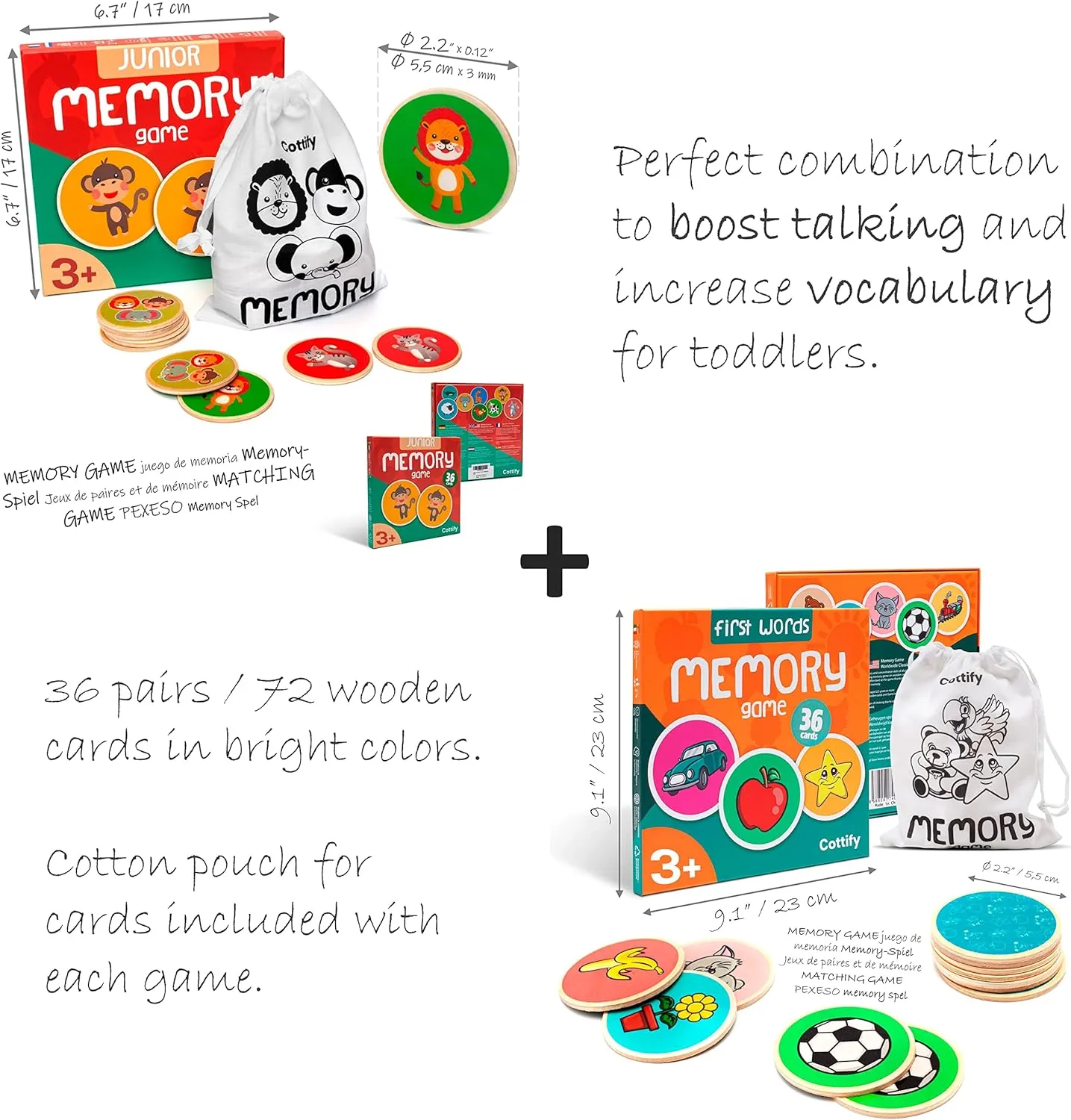 Cottify 2-Pack Wooden Memory Matching Game for Toddlers for Toddlers 3-5 Years, Durable, Toddler Memory Game for Kids 3 and up, Toddler Matching Toy, First Words and Animals, 72 Cards