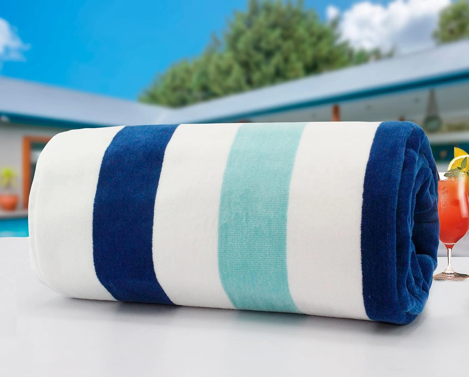 COTTON CRAFT Oversized Extra Wide Beach Towel - 58x68 Big & Huge Beach Blanket Towel for Two - 100% Cotton Velour Thick Plush 450 GSM Super Soft Luxury - Pool Picnic Bath Towel - Cabana Stripe Blue