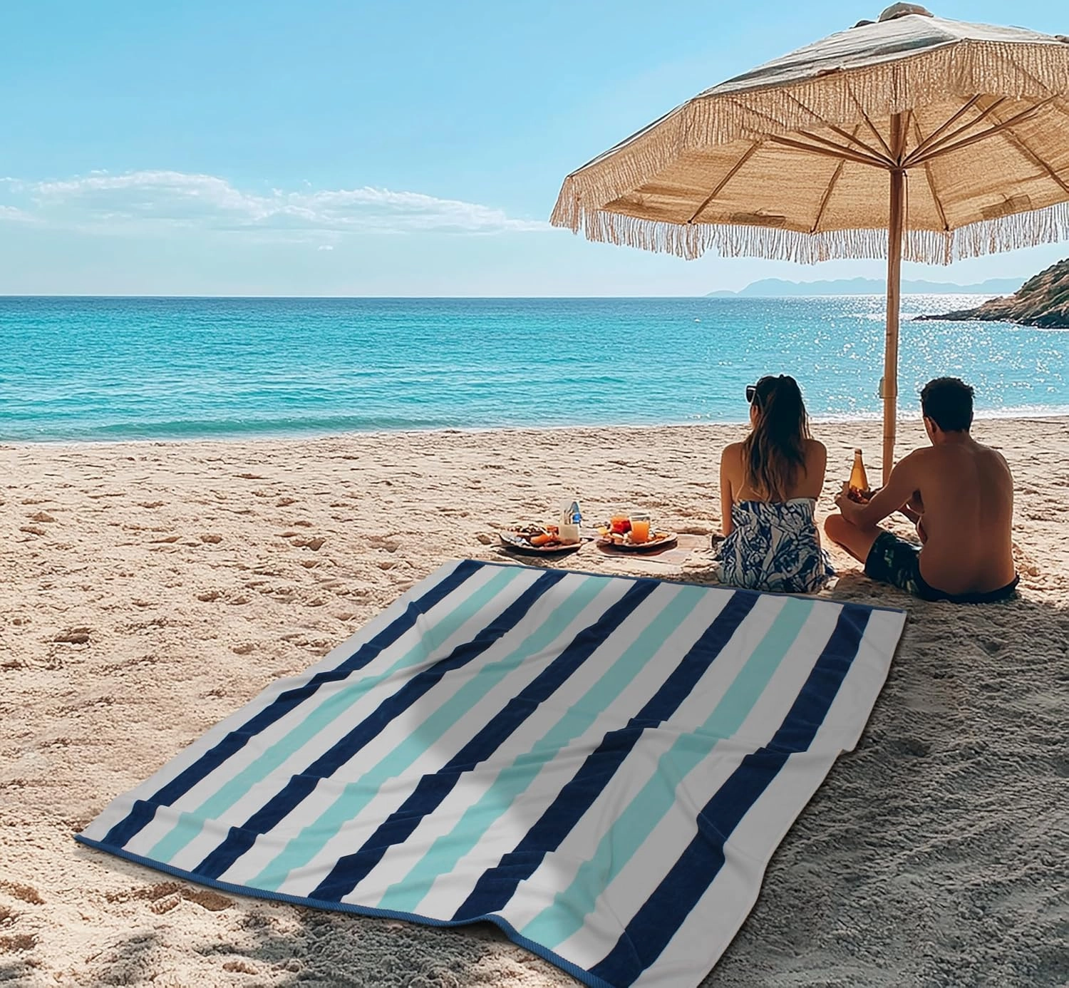 COTTON CRAFT Oversized Extra Wide Beach Towel - 58x68 Big & Huge Beach Blanket Towel for Two - 100% Cotton Velour Thick Plush 450 GSM Super Soft Luxury - Pool Picnic Bath Towel - Cabana Stripe Blue