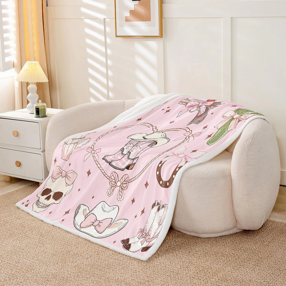 Cowgirl Queen 90"X90" Sherpa Blanket Western Grils Boots Throw Blanket Princess Cowboy Pink Bowknots Fleece Blanket For Kids Boys Girls Decorative Sofa Couch Retro Cowhide Starry Fuzzy Blanket