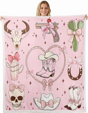 Cowgirl Queen 90"X90" Sherpa Blanket Western Grils Boots Throw Blanket Princess Cowboy Pink Bowknots Fleece Blanket For Kids Boys Girls Decorative Sofa Couch Retro Cowhide Starry Fuzzy Blanket