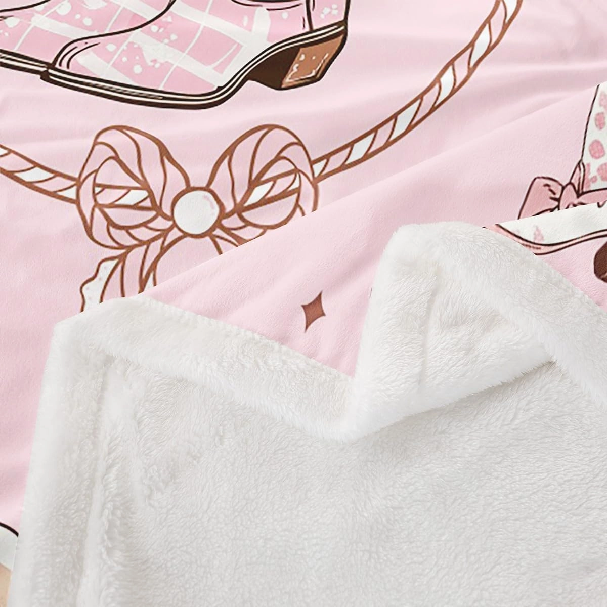 Cowgirl Queen 90"X90" Sherpa Blanket Western Grils Boots Throw Blanket Princess Cowboy Pink Bowknots Fleece Blanket For Kids Boys Girls Decorative Sofa Couch Retro Cowhide Starry Fuzzy Blanket