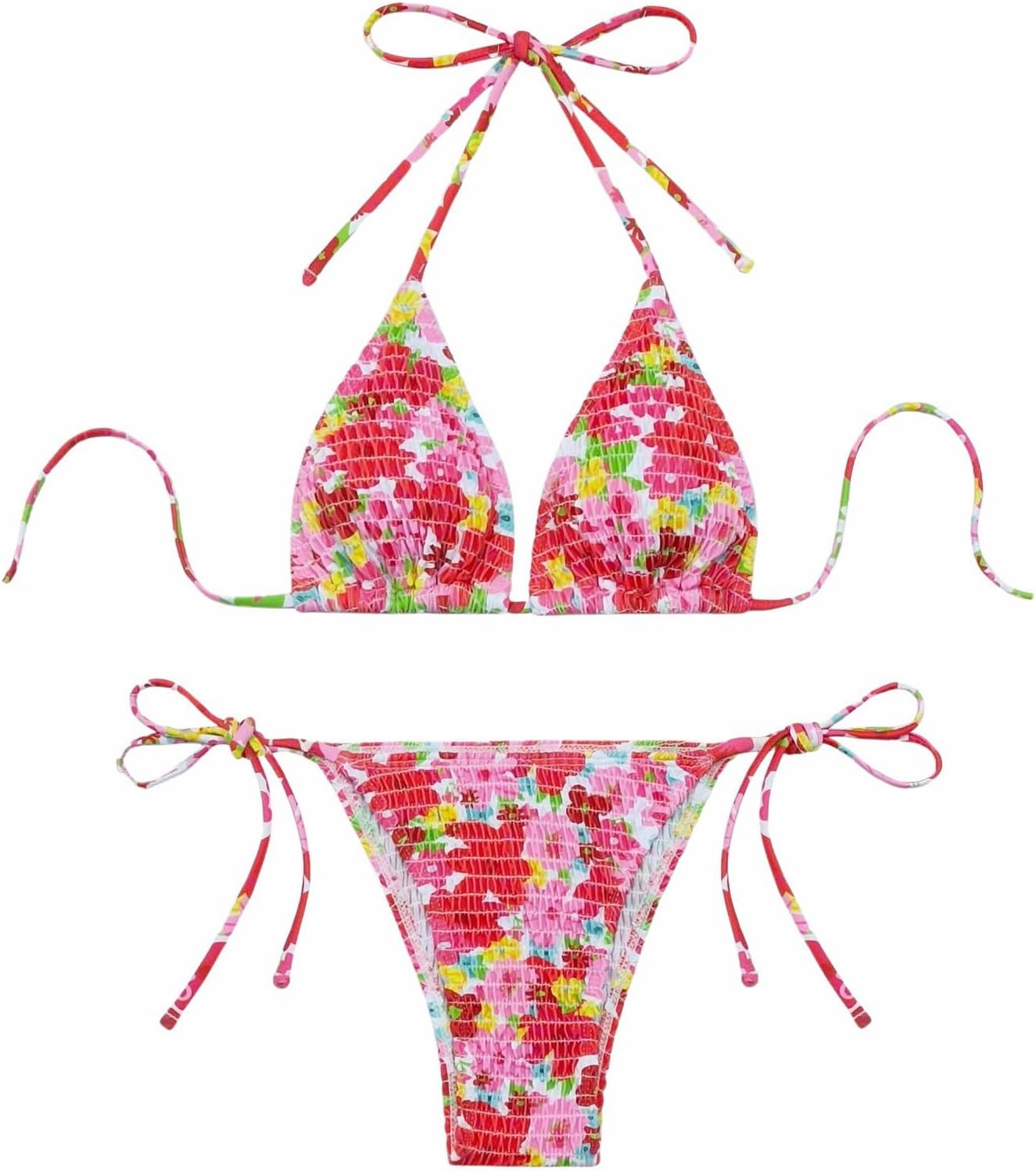 COZYEASE Women's 2 Piece Floral Bikini Sets Smocked Drawstring Side Triangle Halter Sexy Cute Swimsuits