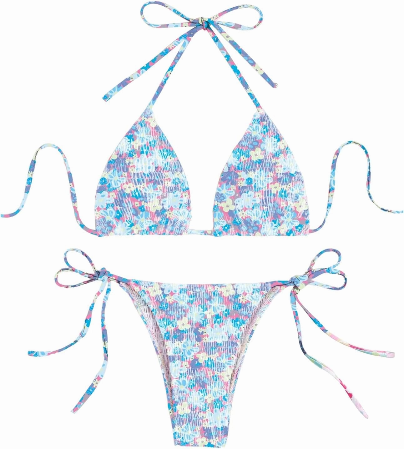 COZYEASE Women's 2 Piece Floral Bikini Sets Smocked Drawstring Side Triangle Halter Sexy Cute Swimsuits