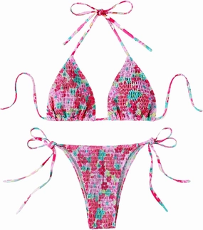 COZYEASE Women's 2 Piece Floral Bikini Sets Smocked Drawstring Side Triangle Halter Sexy Cute Swimsuits