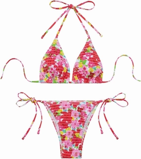 COZYEASE Women's 2 Piece Floral Bikini Sets Smocked Drawstring Side Triangle Halter Sexy Cute Swimsuits