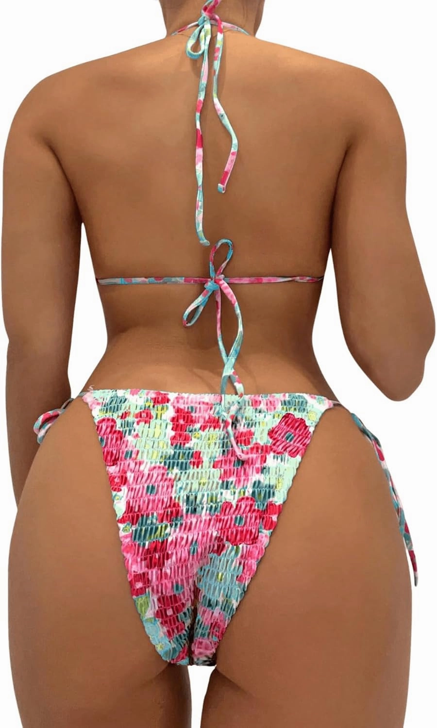 COZYEASE Women's 2 Piece Floral Bikini Sets Smocked Drawstring Side Triangle Halter Sexy Cute Swimsuits