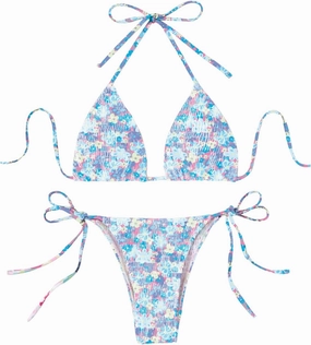 COZYEASE Women's 2 Piece Floral Bikini Sets Smocked Drawstring Side Triangle Halter Sexy Cute Swimsuits