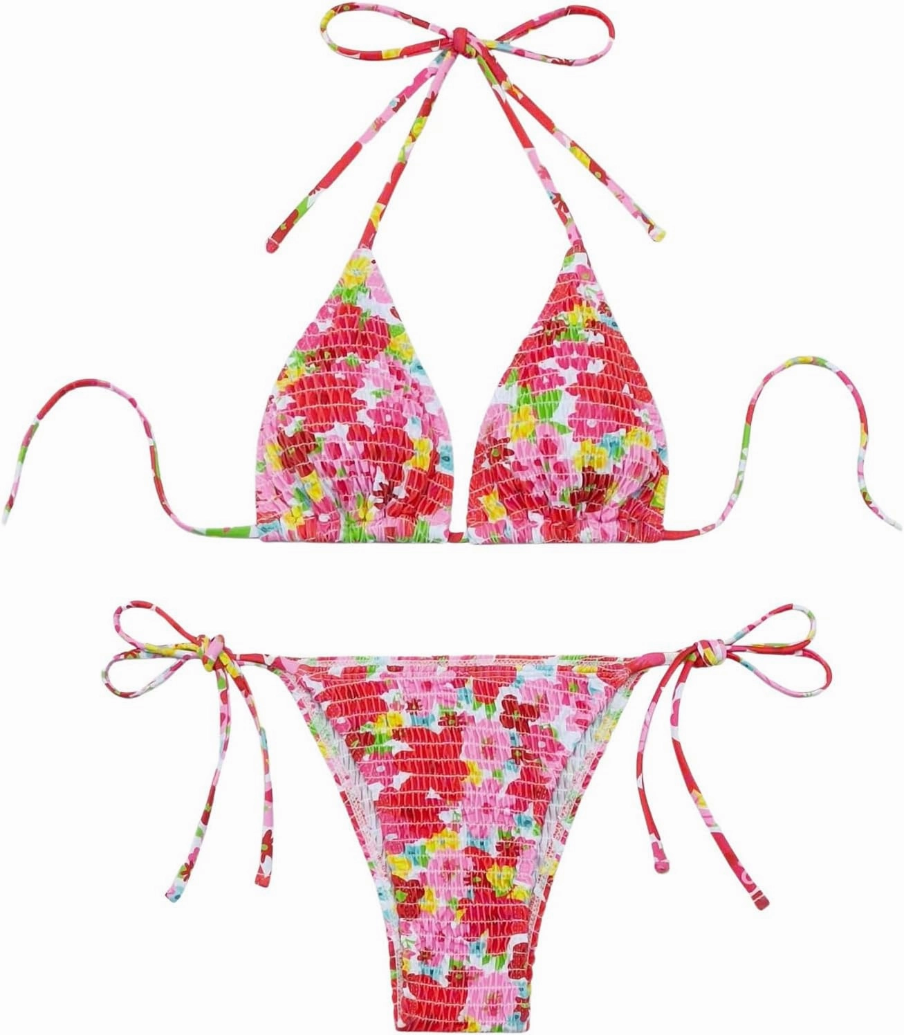 COZYEASE Women's 2 Piece Floral Bikini Sets Smocked Drawstring Side Triangle Halter Sexy Cute Swimsuits
