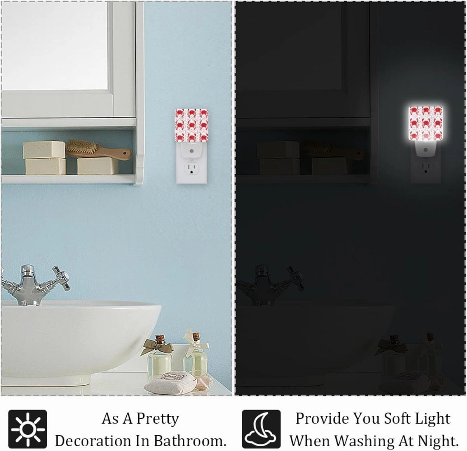 Crabs and Red Dot Pattern Plug in LED Night Light Auto Sensor Dusk to Dawn Decorative Night for Bedroom, Bathroom, Kitchen, Hallway, Stairs, Hallway, Baby's Room, Energy Saving