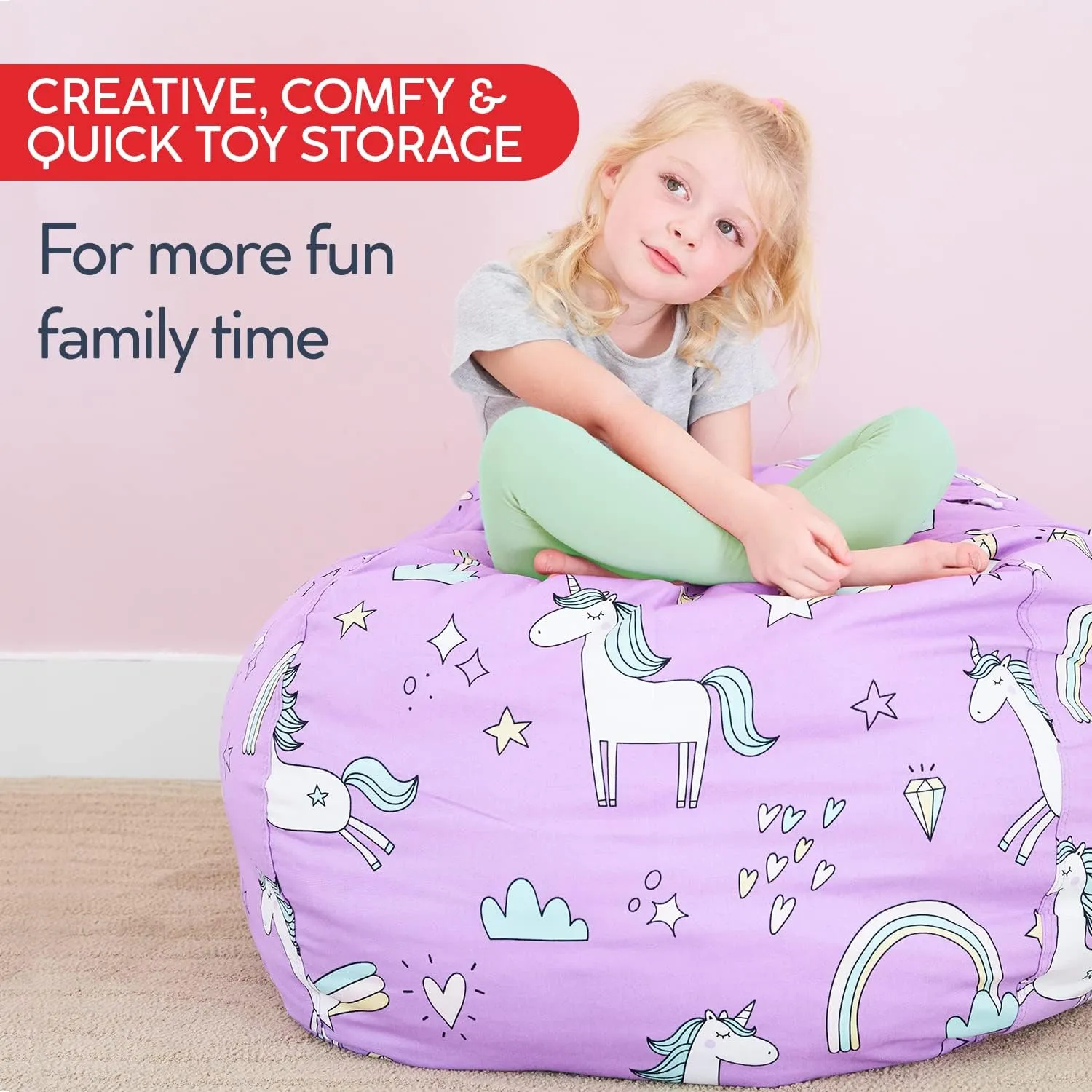 Creative QT Stuff ’n Sit Large 33’’ Bean Bag Storage Cover for Stuffed Animals & Toys, Giant Bean Bag Chair for Plush, Toddler & Kids Bedroom Organizer, Gray Floral - Stuffed Animal Storage Cover