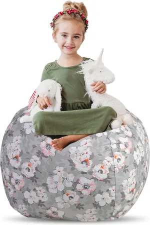Creative QT Stuff ’n Sit Large 33’’ Bean Bag Storage Cover for Stuffed Animals & Toys, Giant Bean Bag Chair for Plush, Toddler & Kids Bedroom Organizer, Gray Floral - Stuffed Animal Storage Cover