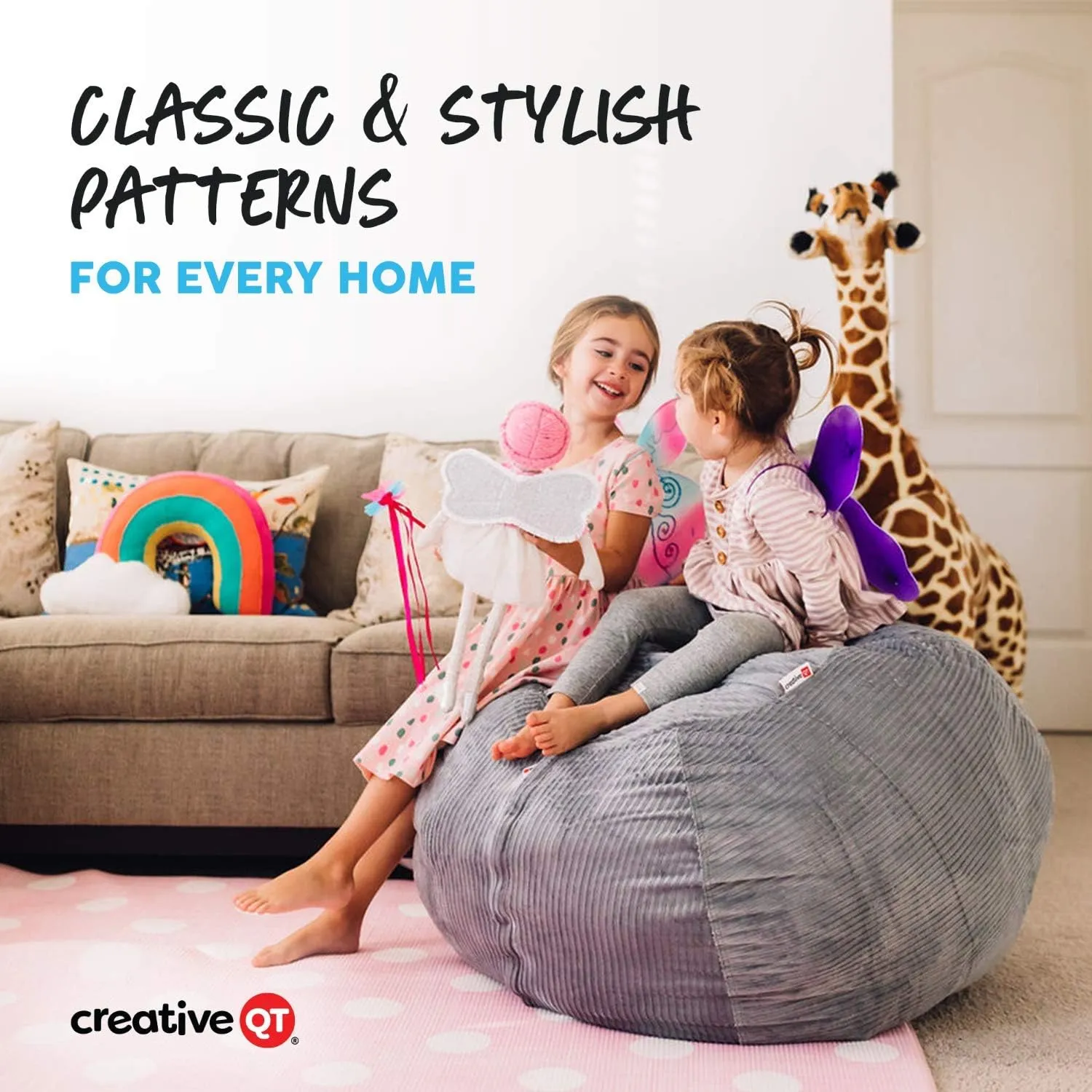 Creative QT Stuff ’n Sit Large 33’’ Bean Bag Storage Cover for Stuffed Animals & Toys, Giant Bean Bag Chair for Plush, Toddler & Kids Bedroom Organizer, Gray Floral - Stuffed Animal Storage Cover