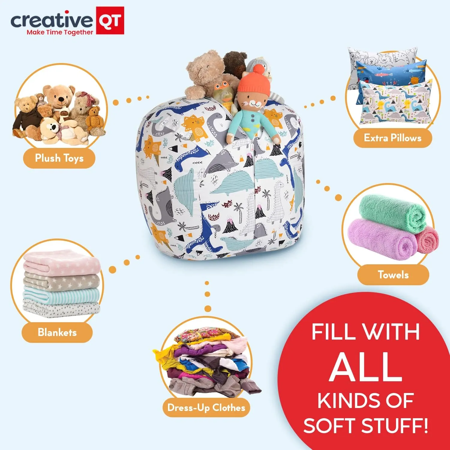 Creative QT Stuff ’n Sit Large 33’’ Bean Bag Storage Cover for Stuffed Animals & Toys, Giant Bean Bag Chair for Plush, Toddler & Kids Bedroom Organizer, Gray Floral - Stuffed Animal Storage Cover