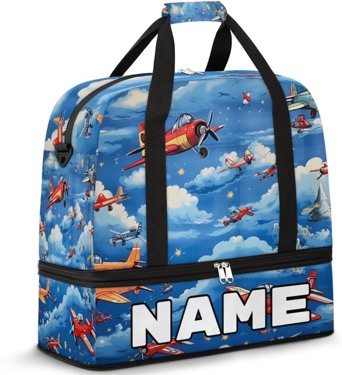 Cute Airplane Helicopter Pattern Custom Foldable Duffle Bag with Shoes Compartment Personalized Large Capacity Waterproof Travel Weekender Bag Overnight Bag for Sports Gym