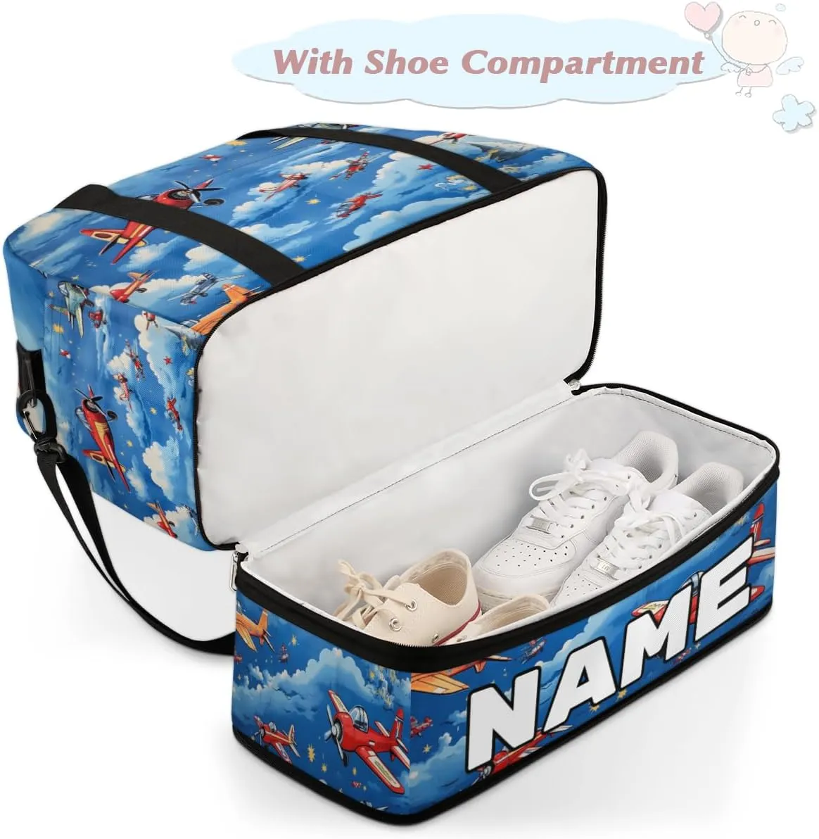 Cute Airplane Helicopter Pattern Custom Foldable Duffle Bag with Shoes Compartment Personalized Large Capacity Waterproof Travel Weekender Bag Overnight Bag for Sports Gym