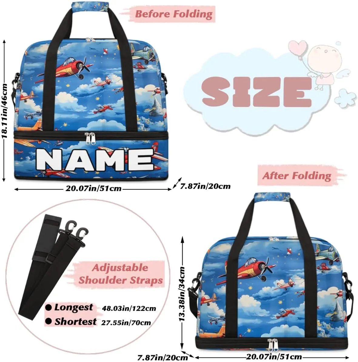 Cute Airplane Helicopter Pattern Custom Foldable Duffle Bag with Shoes Compartment Personalized Large Capacity Waterproof Travel Weekender Bag Overnight Bag for Sports Gym