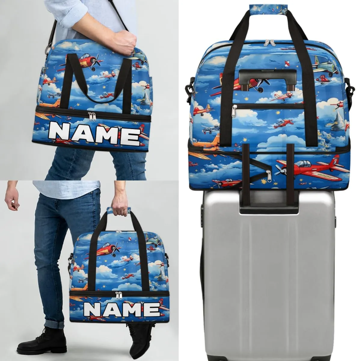 Cute Airplane Helicopter Pattern Custom Foldable Duffle Bag with Shoes Compartment Personalized Large Capacity Waterproof Travel Weekender Bag Overnight Bag for Sports Gym