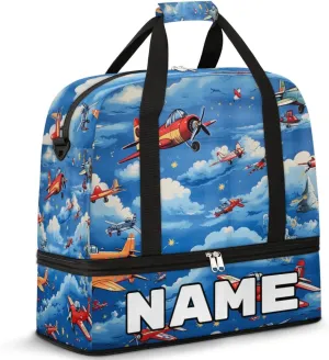 Cute Airplane Helicopter Pattern Custom Foldable Duffle Bag with Shoes Compartment Personalized Large Capacity Waterproof Travel Weekender Bag Overnight Bag for Sports Gym